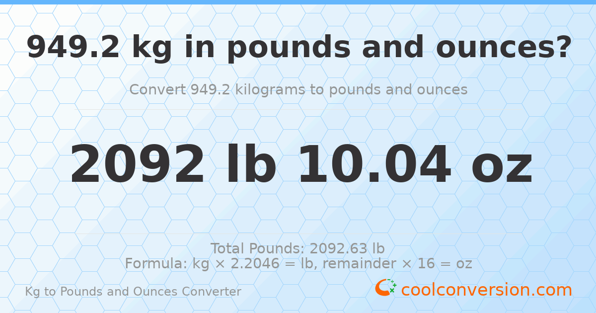 949.2 kg to lbs and oz — 949.2 kg = 2092 lb 10.04 oz
