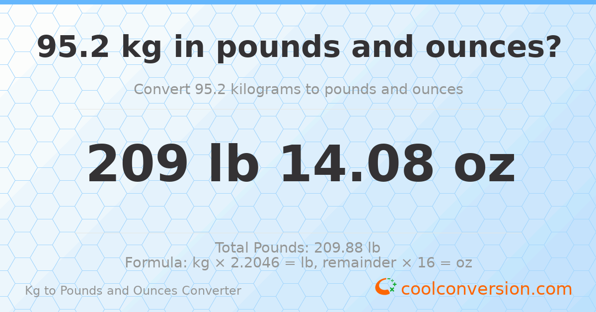 95.2 kg to lbs and oz — 95.2 kg = 209 lb 14.08 oz