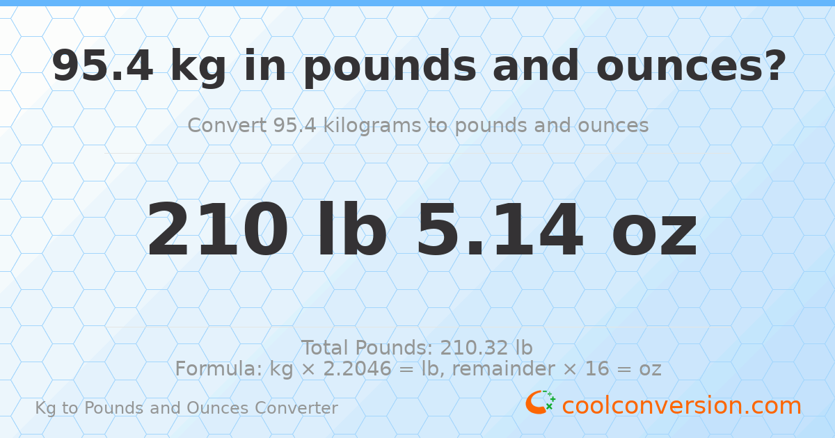 95.4 kg to lbs and oz — 95.4 kg = 210 lb 5.14 oz