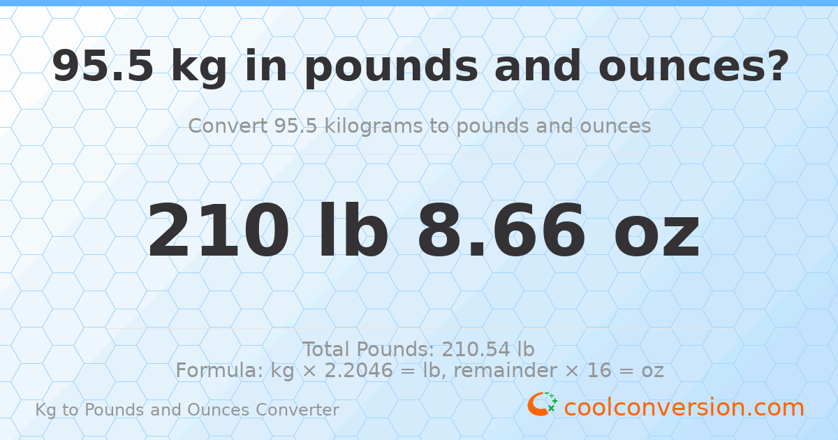 95.5 kg to lbs and oz — 95.5 kg = 210 lb 8.66 oz
