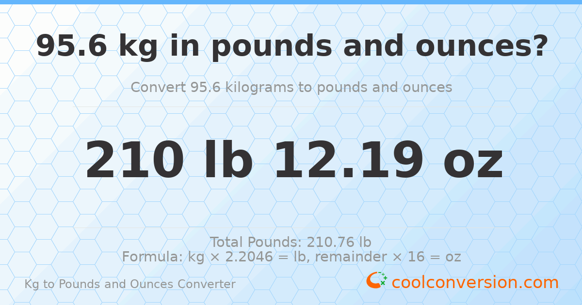 95.6 kg to lbs and oz — 95.6 kg = 210 lb 12.19 oz