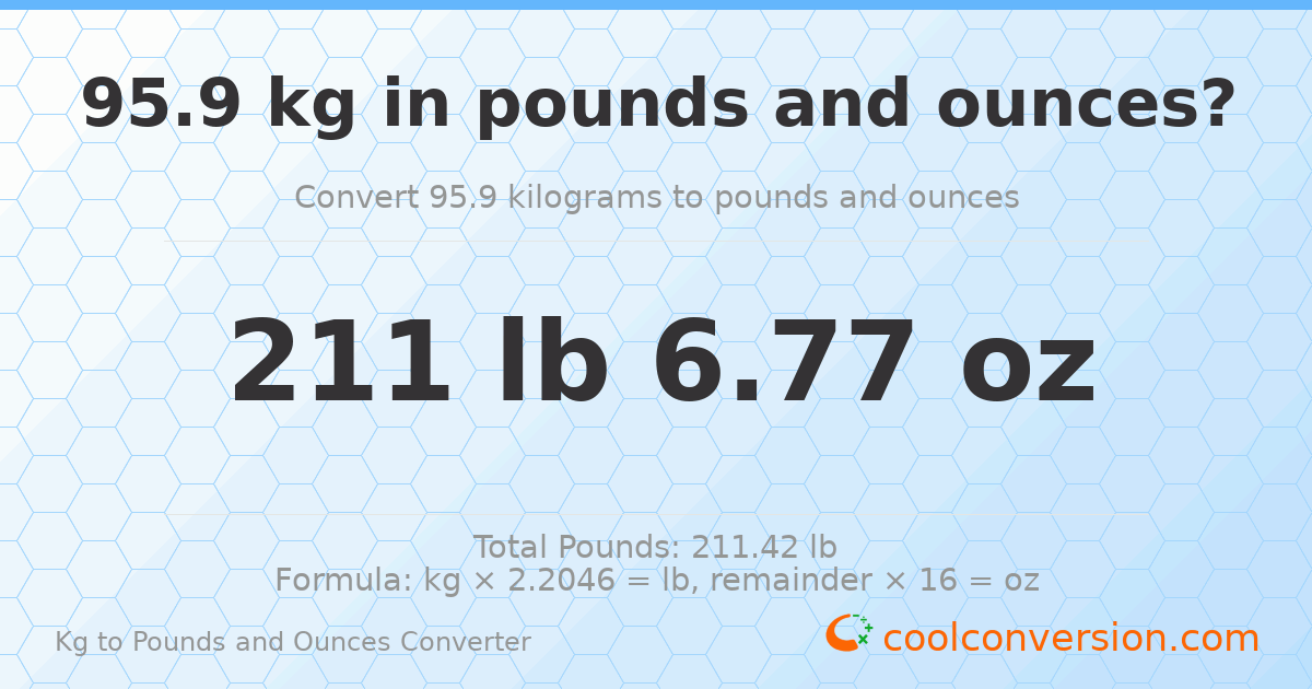 95.9 kg to lbs and oz — 95.9 kg = 211 lb 6.77 oz