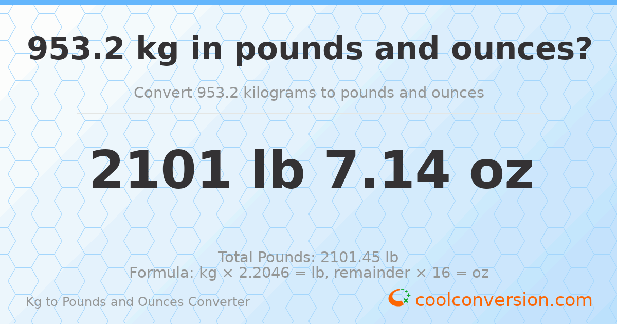 953.2 kg to lbs and oz — 953.2 kg = 2101 lb 7.14 oz