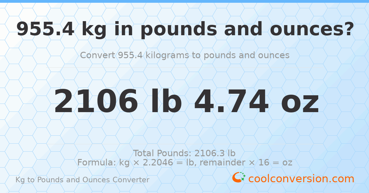 955.4 kg to lbs and oz — 955.4 kg = 2106 lb 4.74 oz