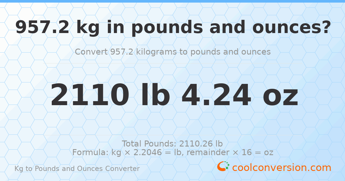 957.2 kg to lbs and oz — 957.2 kg = 2110 lb 4.24 oz
