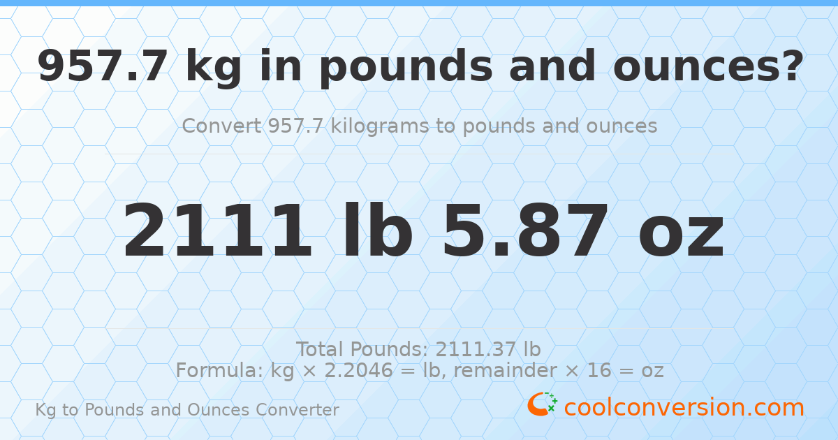 957.7 kg to lbs and oz — 957.7 kg = 2111 lb 5.87 oz