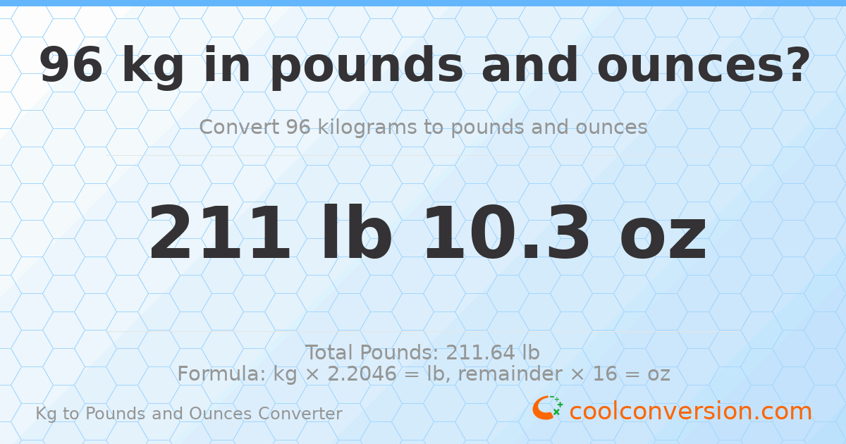 96 kg to lbs and oz — 96 kg = 211 lb 10.3 oz