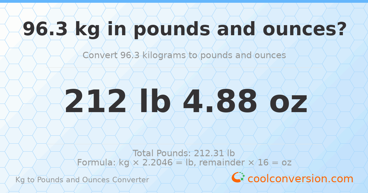 96.3 kg to lbs and oz — 96.3 kg = 212 lb 4.88 oz
