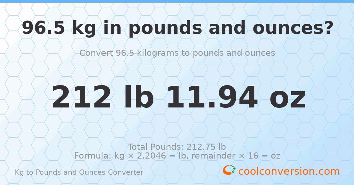 96.5 kg to lbs and oz — 96.5 kg = 212 lb 11.94 oz