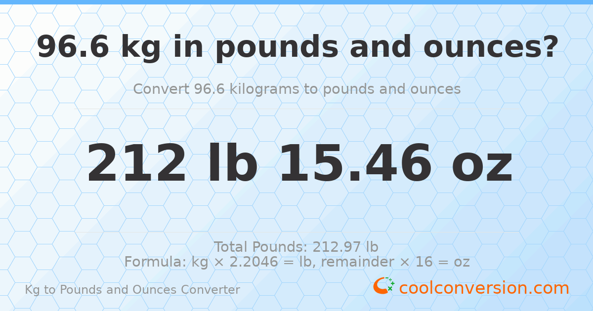 96.6 kg to lbs and oz — 96.6 kg = 212 lb 15.46 oz