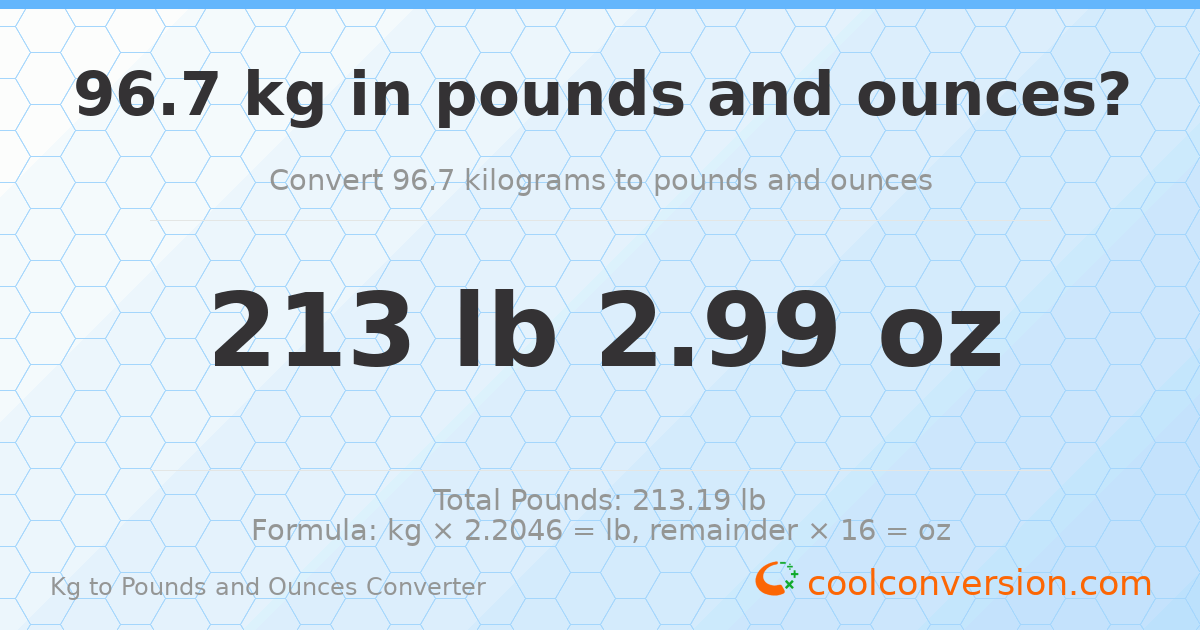 96.7 kg to lbs and oz — 96.7 kg = 213 lb 2.99 oz