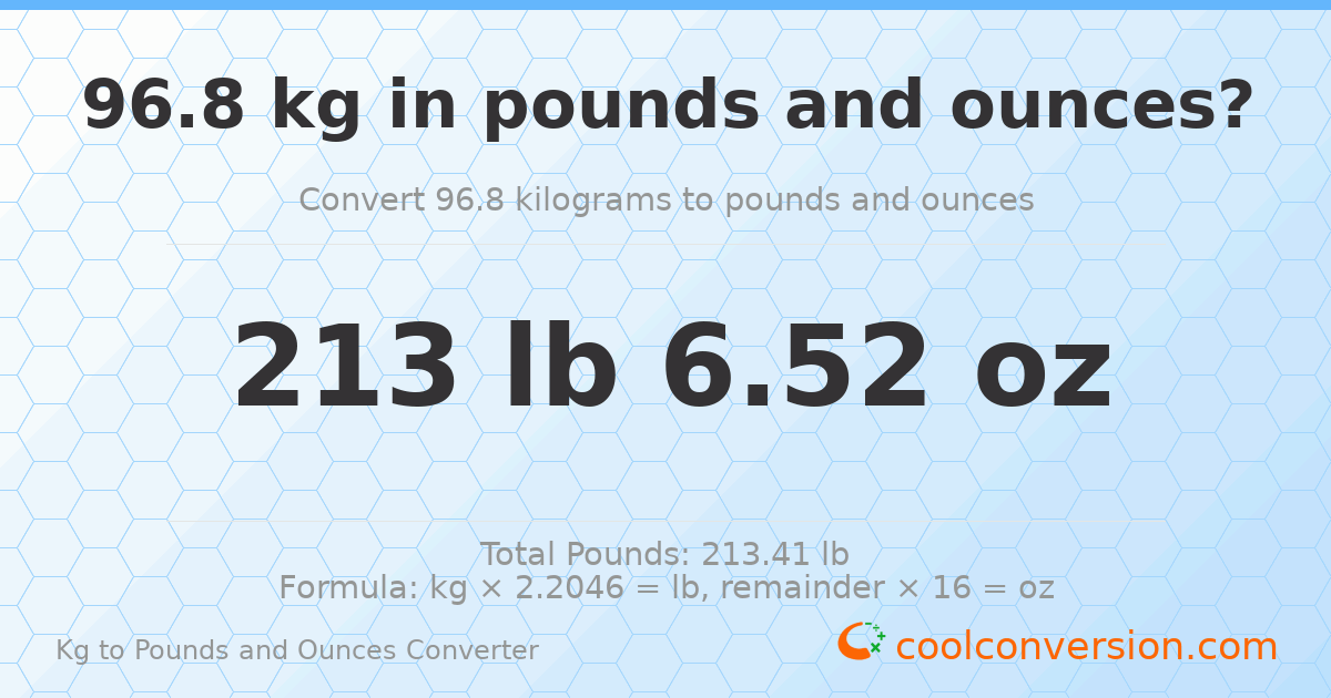 96.8 kg to lbs and oz — 96.8 kg = 213 lb 6.52 oz