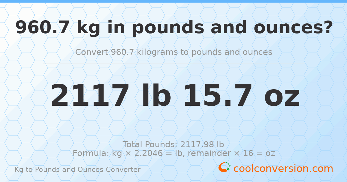 960.7 kg to lbs and oz — 960.7 kg = 2117 lb 15.7 oz