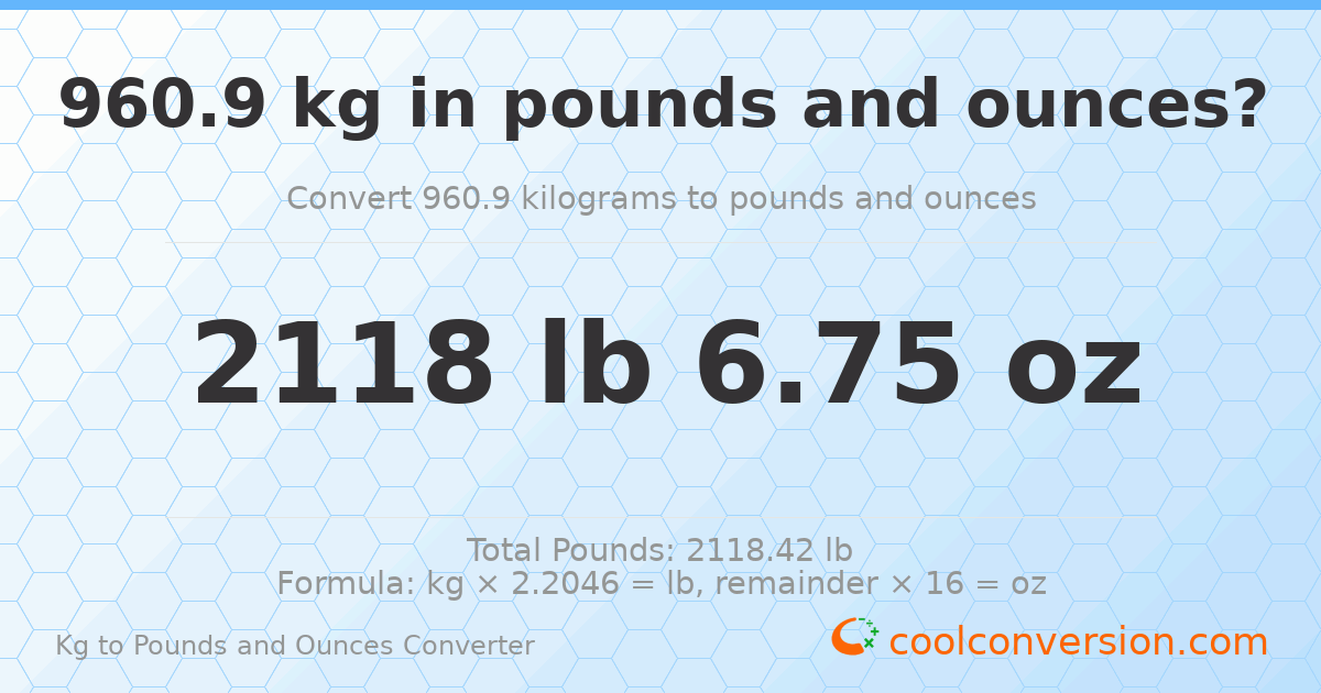 960.9 kg to lbs and oz — 960.9 kg = 2118 lb 6.75 oz
