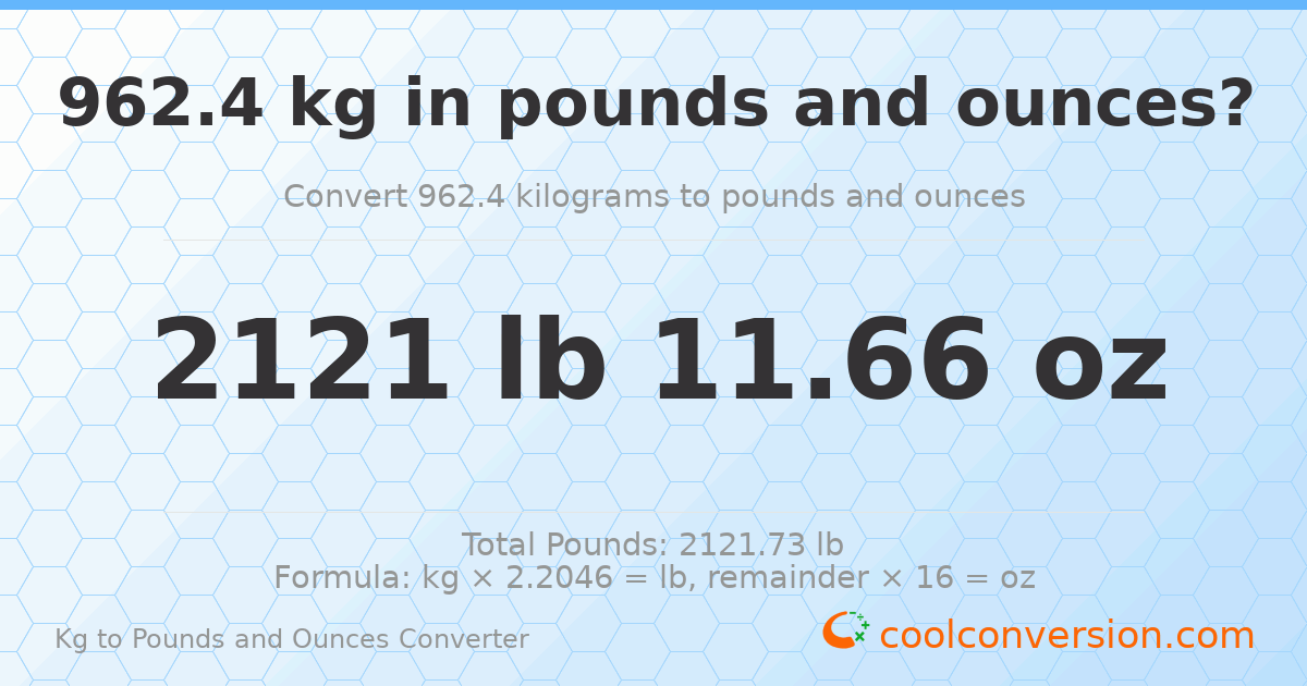 962.4 kg to lbs and oz — 962.4 kg = 2121 lb 11.66 oz