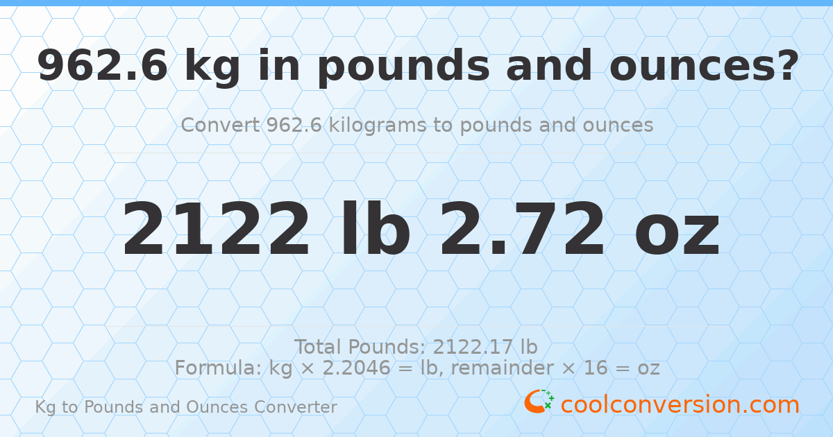 962.6 kg to lbs and oz — 962.6 kg = 2122 lb 2.72 oz