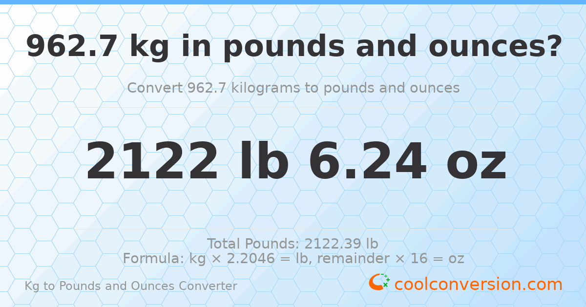 962.7 kg to lbs and oz — 962.7 kg = 2122 lb 6.24 oz