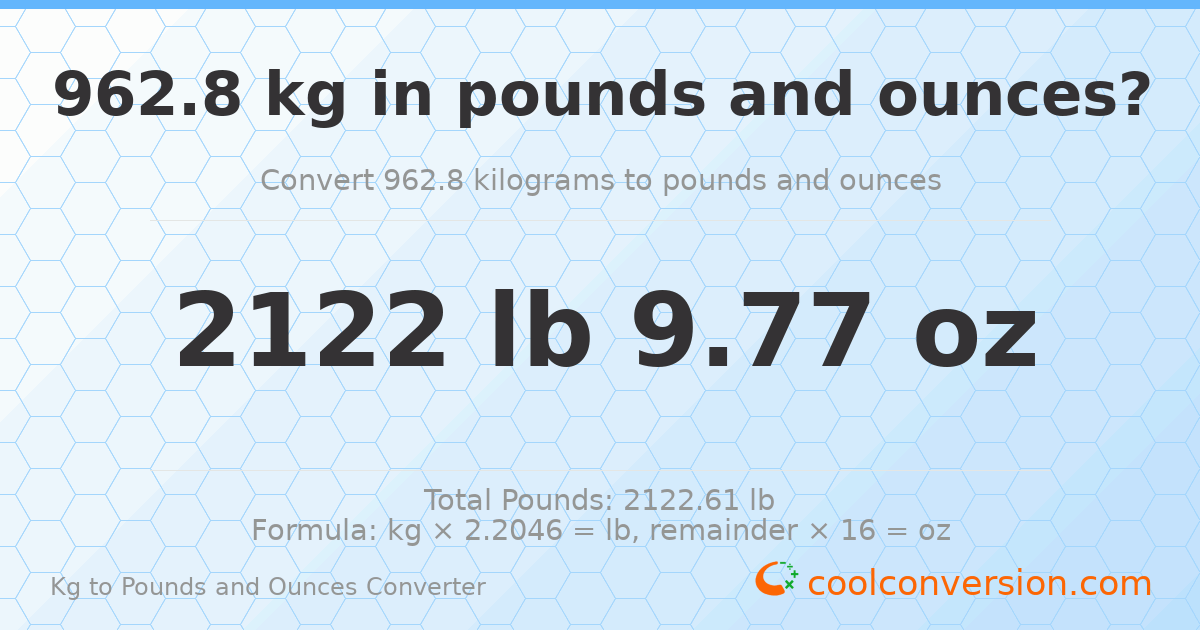962.8 kg to lbs and oz — 962.8 kg = 2122 lb 9.77 oz