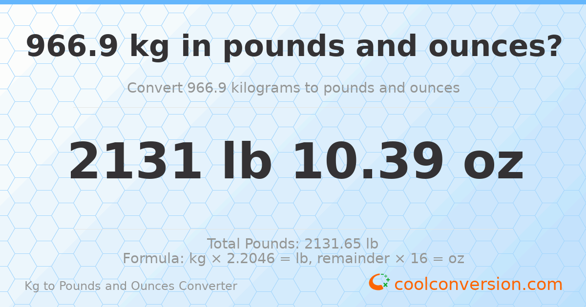 966.9 kg to lbs and oz — 966.9 kg = 2131 lb 10.39 oz