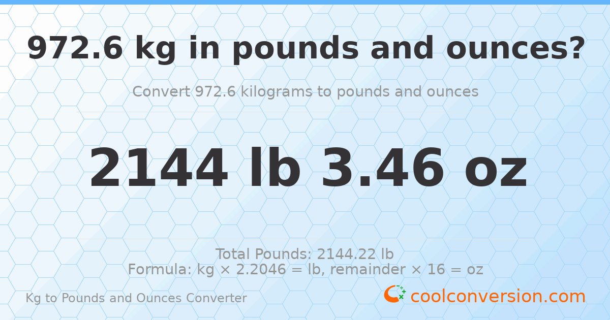 972.6 kg to lbs and oz — 972.6 kg = 2144 lb 3.46 oz