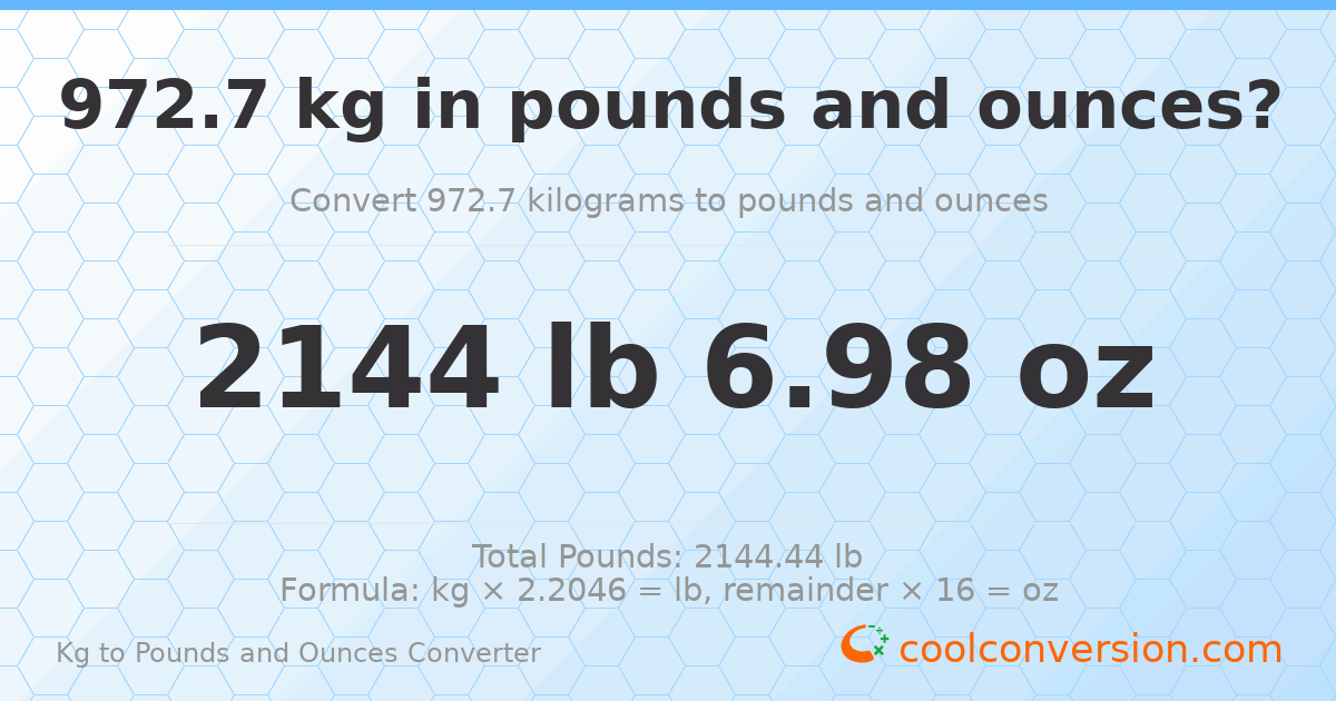 972.7 kg to lbs and oz — 972.7 kg = 2144 lb 6.98 oz