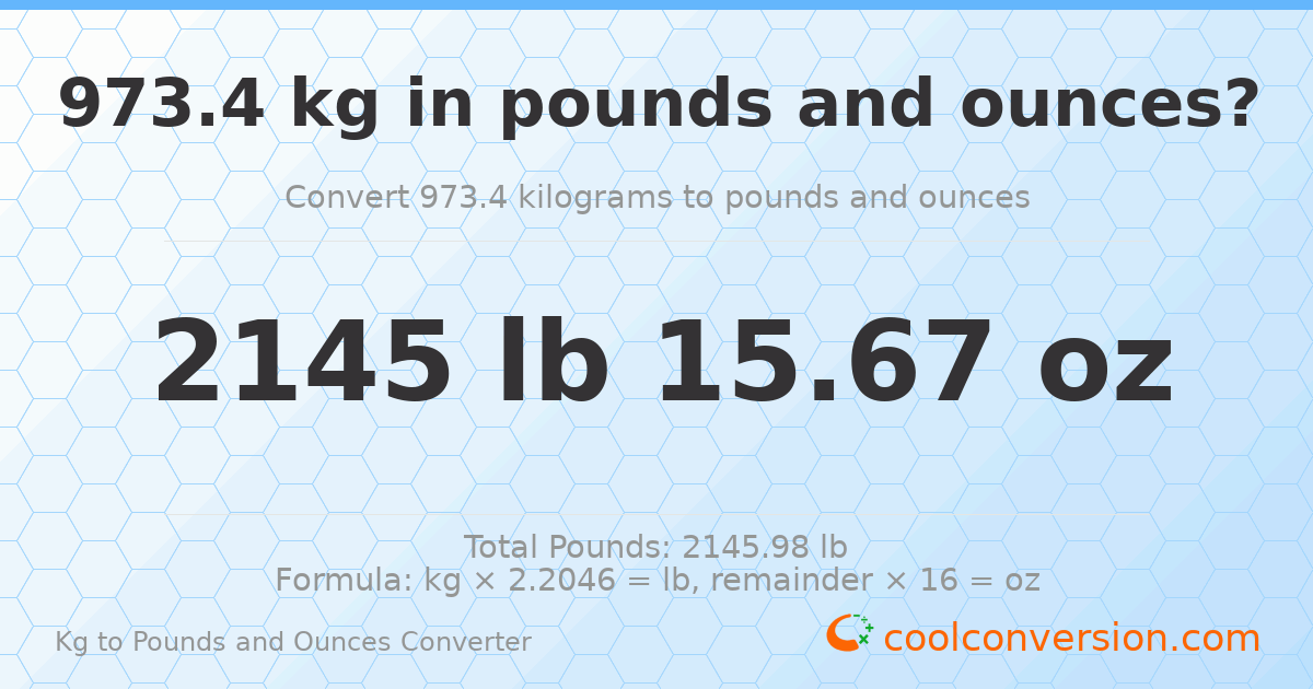 973.4 kg to lbs and oz — 973.4 kg = 2145 lb 15.67 oz