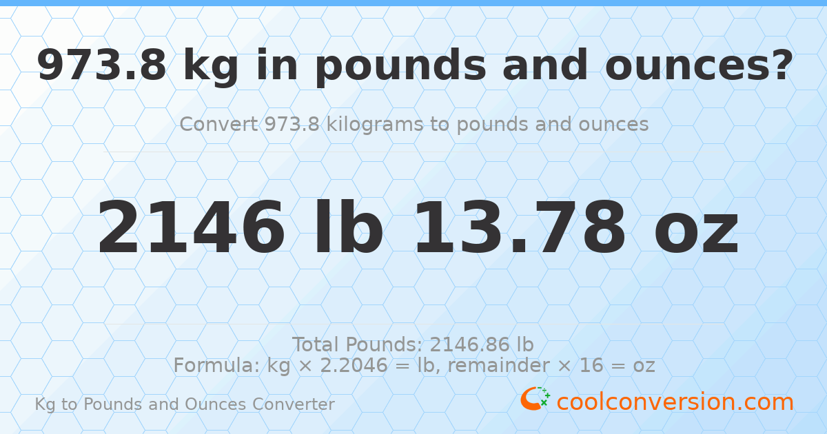 973.8 kg to lbs and oz — 973.8 kg = 2146 lb 13.78 oz