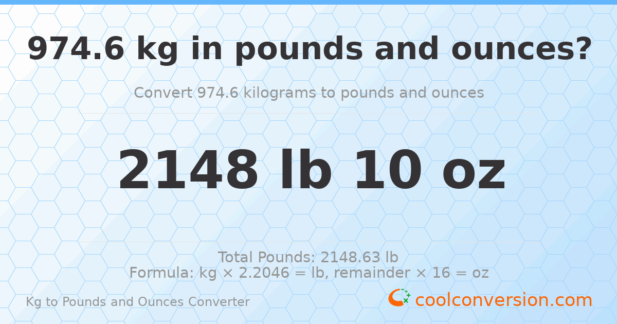 974.6 kg to lbs and oz — 974.6 kg = 2148 lb 10 oz