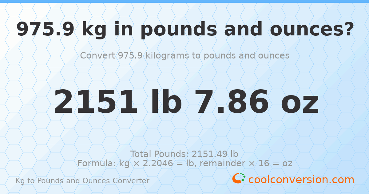 975.9 kg to lbs and oz — 975.9 kg = 2151 lb 7.86 oz