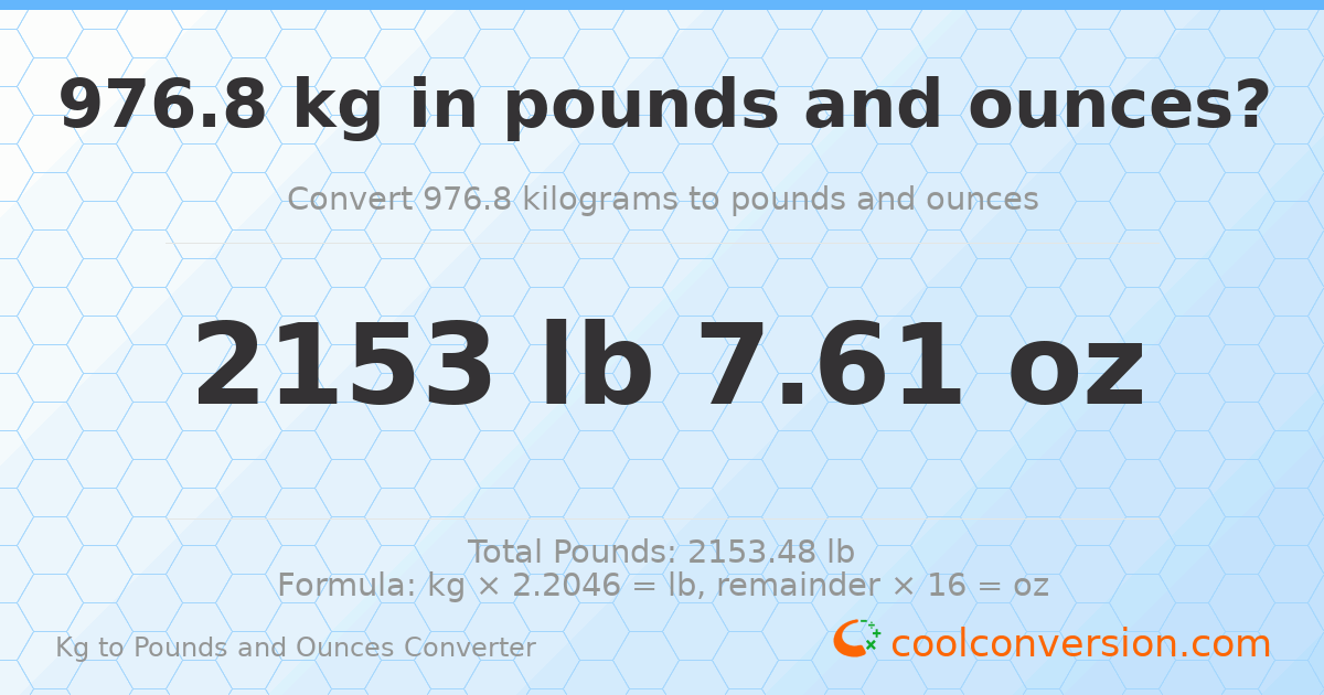 976.8 kg to lbs and oz — 976.8 kg = 2153 lb 7.61 oz