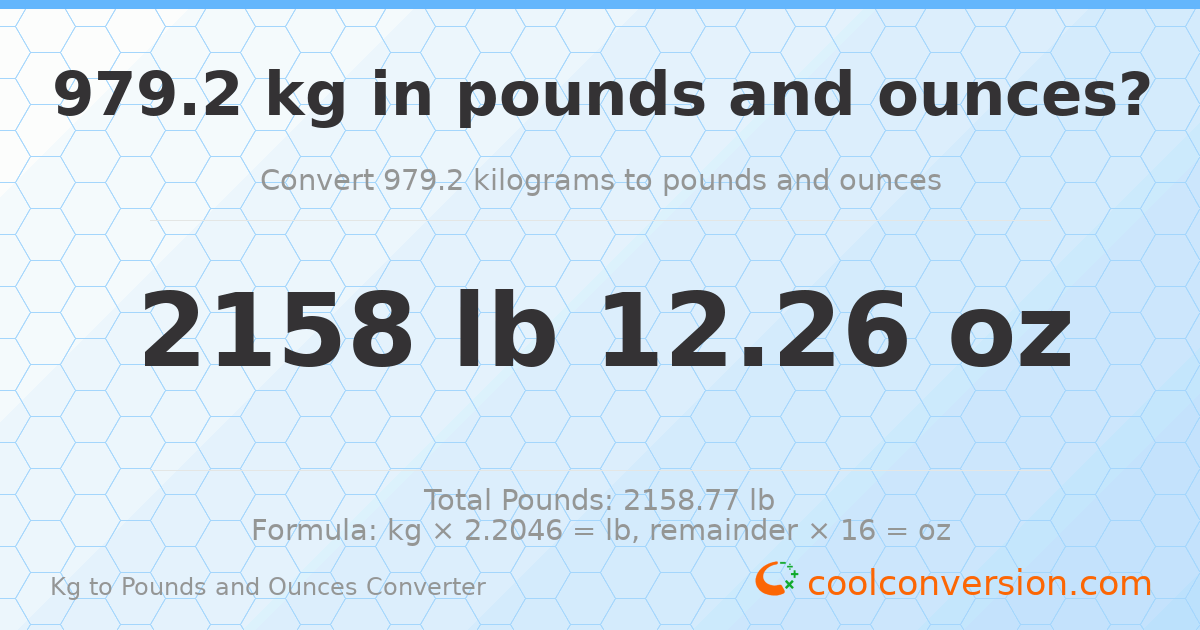 979.2 kg to lbs and oz — 979.2 kg = 2158 lb 12.26 oz