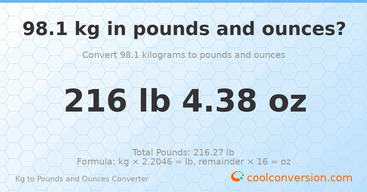 98.1 kg to lbs and oz — 98.1 kg = 216 lb 4.38 oz