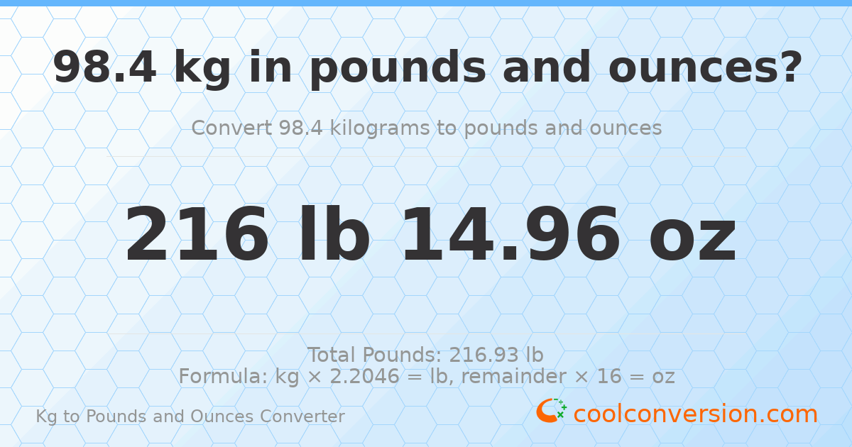 98.4 kg to lbs and oz — 98.4 kg = 216 lb 14.96 oz
