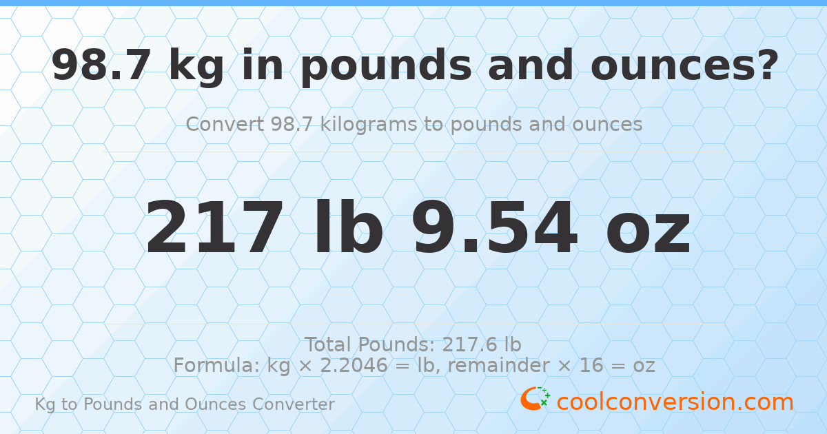 98.7 kg to lbs and oz — 98.7 kg = 217 lb 9.54 oz