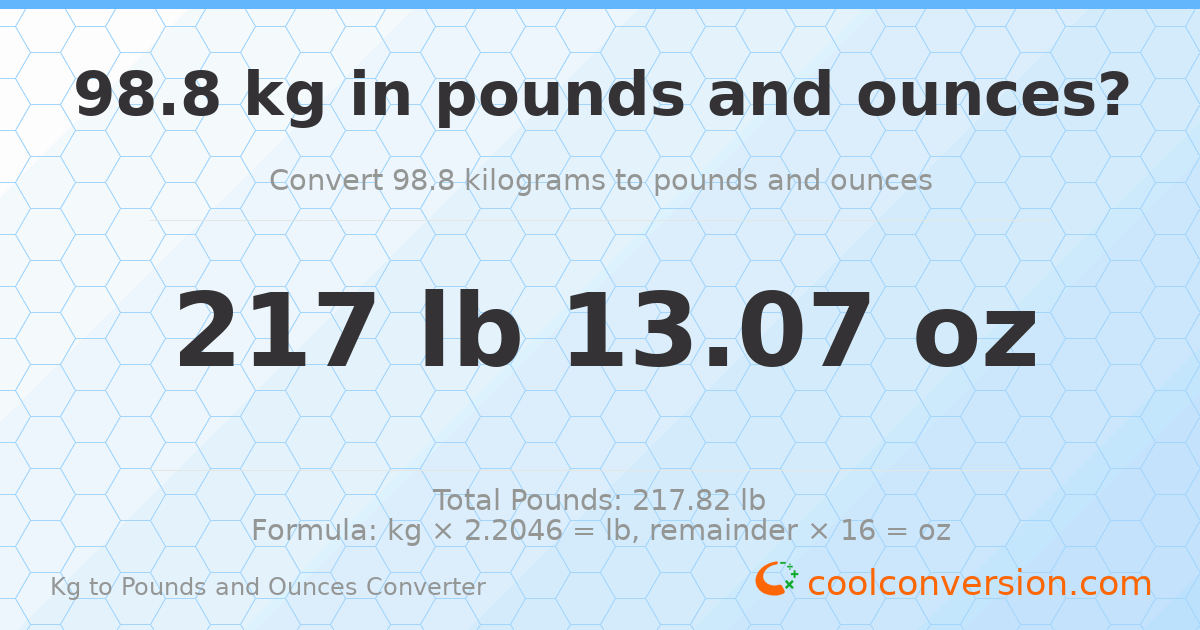 98.8 kg to lbs and oz — 98.8 kg = 217 lb 13.07 oz
