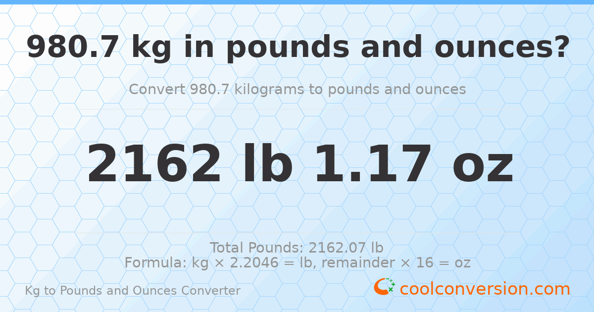 980.7 kg to lbs and oz — 980.7 kg = 2162 lb 1.17 oz