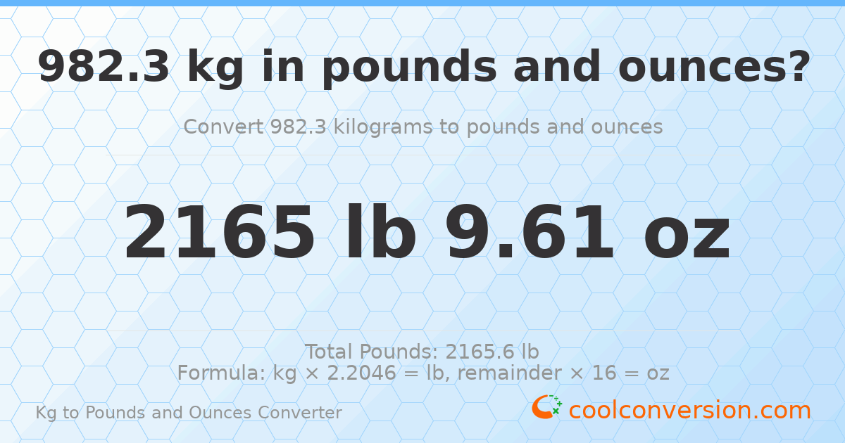 982.3 kg to lbs and oz — 982.3 kg = 2165 lb 9.61 oz