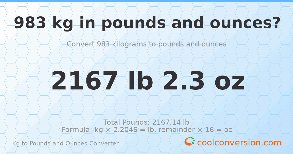 983 kg to lbs and oz — 983 kg = 2167 lb 2.3 oz