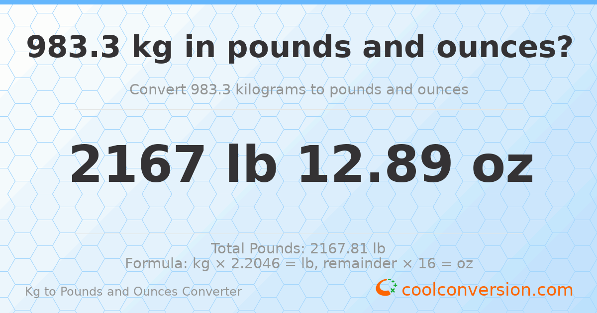 983.3 kg to lbs and oz — 983.3 kg = 2167 lb 12.89 oz