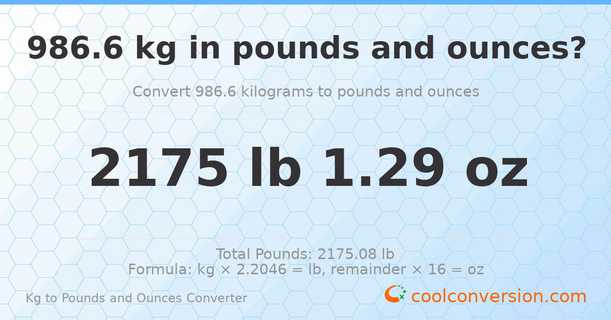986.6 kg to lbs and oz — 986.6 kg = 2175 lb 1.29 oz