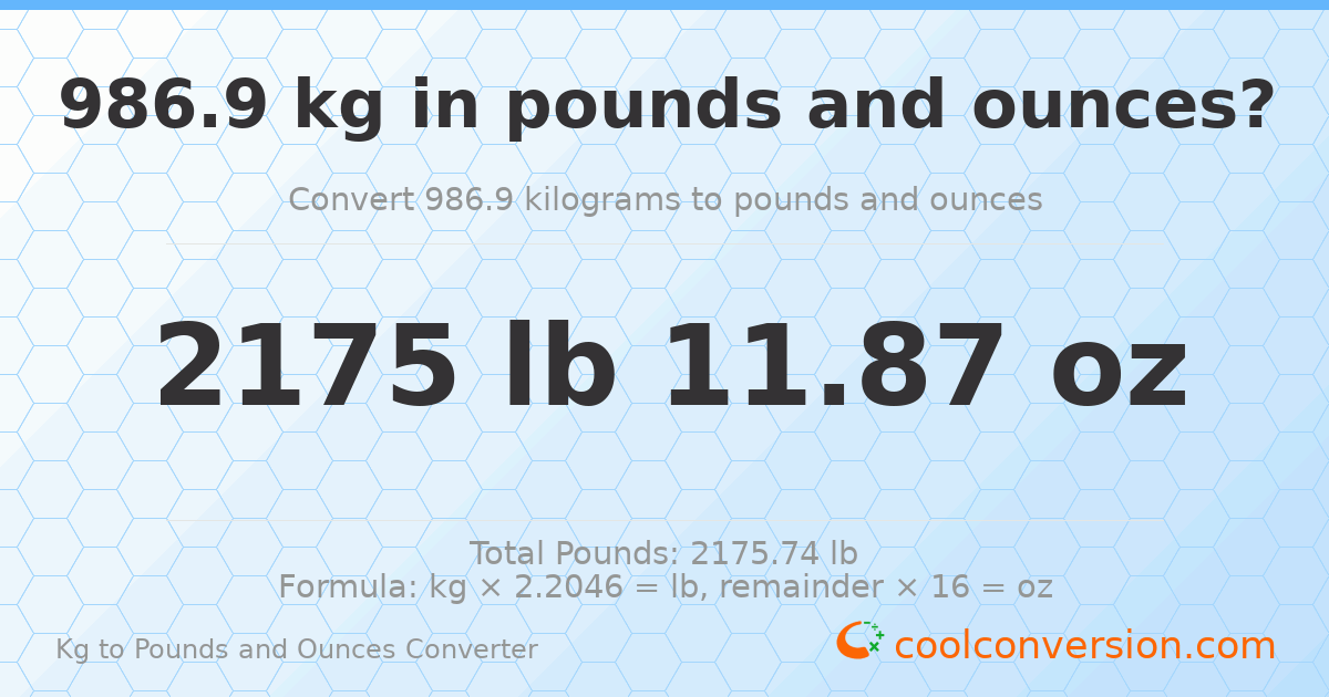 986.9 kg to lbs and oz — 986.9 kg = 2175 lb 11.87 oz