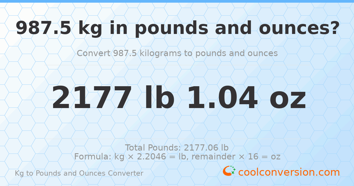 987.5 kg to lbs and oz — 987.5 kg = 2177 lb 1.04 oz