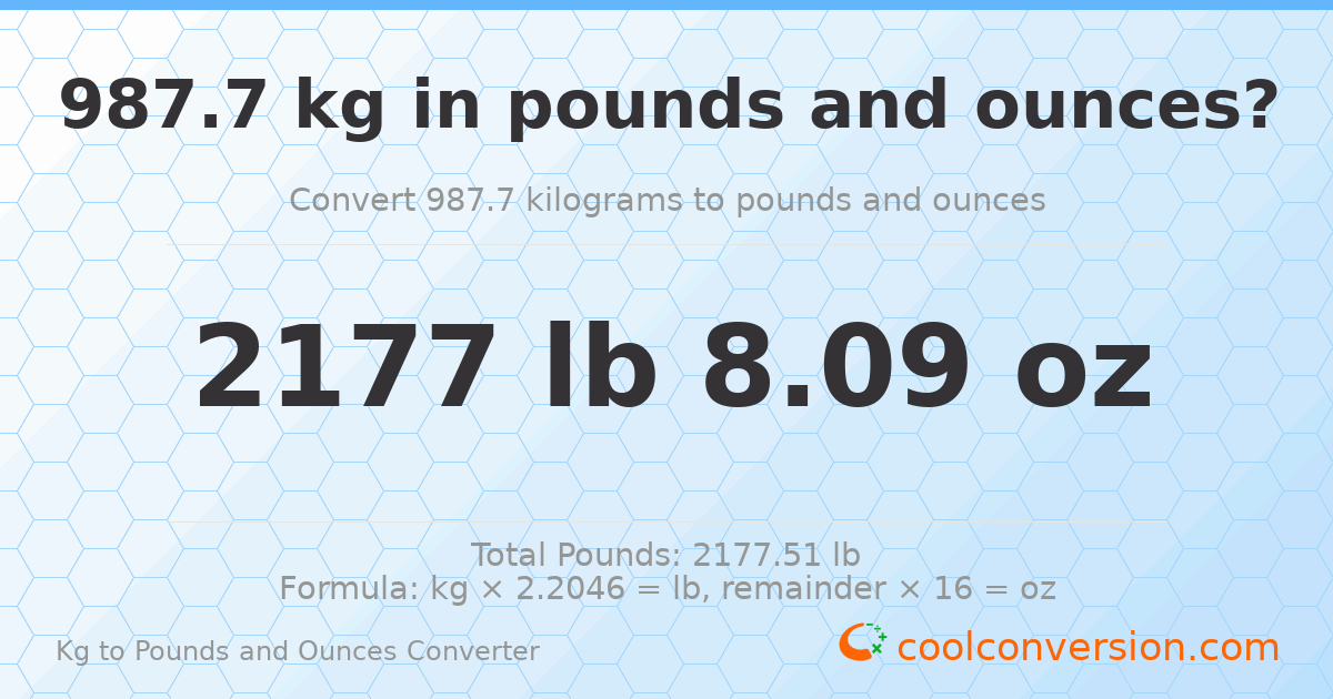 987.7 kg to lbs and oz — 987.7 kg = 2177 lb 8.09 oz