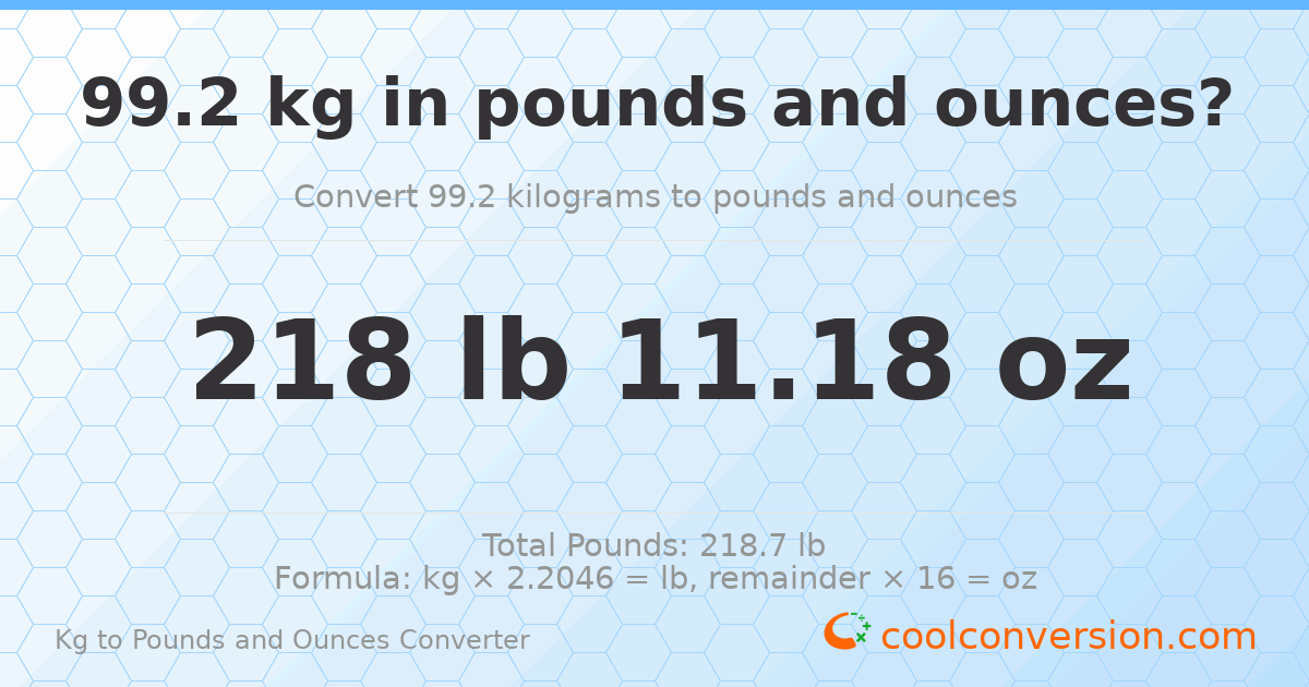 99.2 kg to lbs and oz — 99.2 kg = 218 lb 11.18 oz