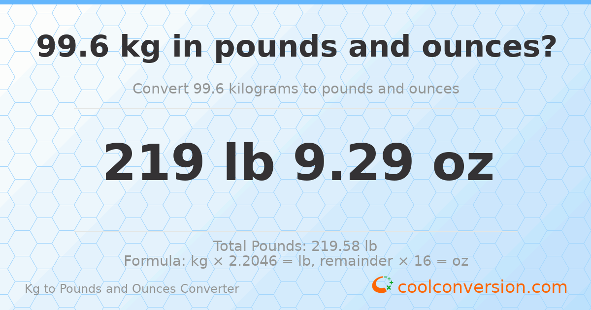 99.6 kg to lbs and oz — 99.6 kg = 219 lb 9.29 oz