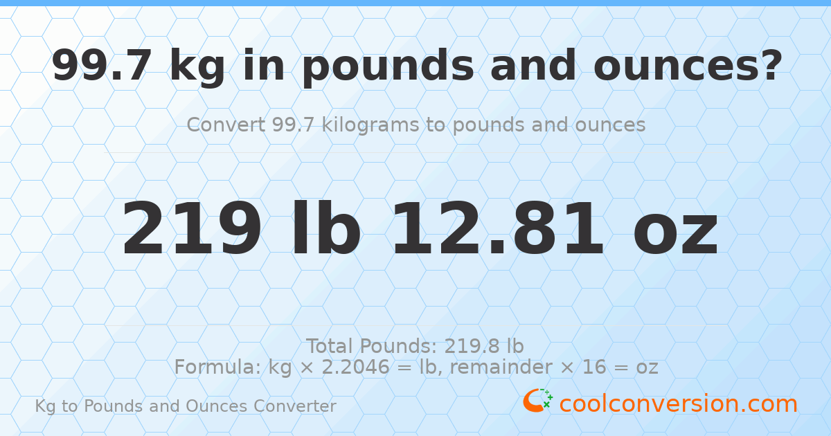 99.7 kg to lbs and oz — 99.7 kg = 219 lb 12.81 oz