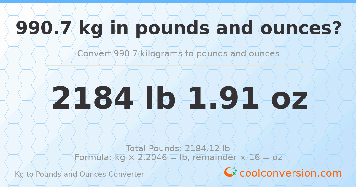 990.7 kg to lbs and oz — 990.7 kg = 2184 lb 1.91 oz