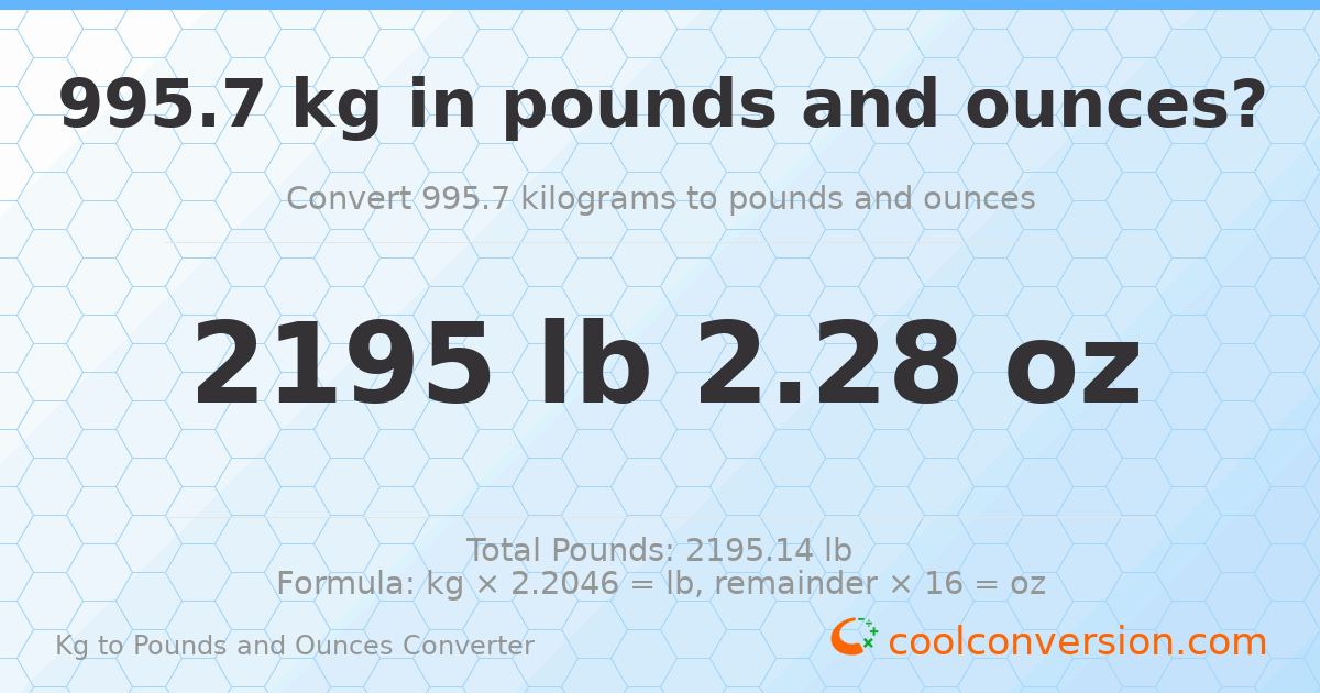 995.7 kg to lbs and oz — 995.7 kg = 2195 lb 2.28 oz