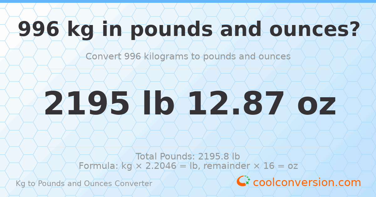 996 kg to lbs and oz — 996 kg = 2195 lb 12.87 oz