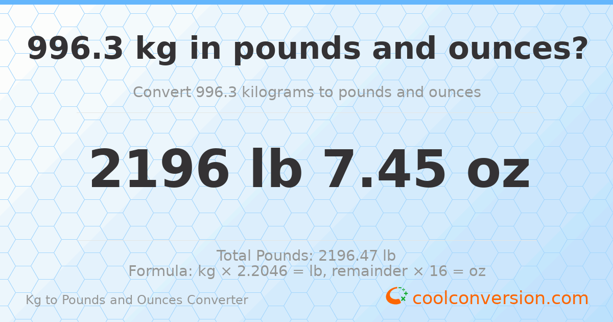 996.3 kg to lbs and oz — 996.3 kg = 2196 lb 7.45 oz